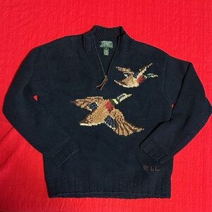 Vintage Lauren Ralph Lauren Hand Knit Navy Sweater with Mallard Duck Motif